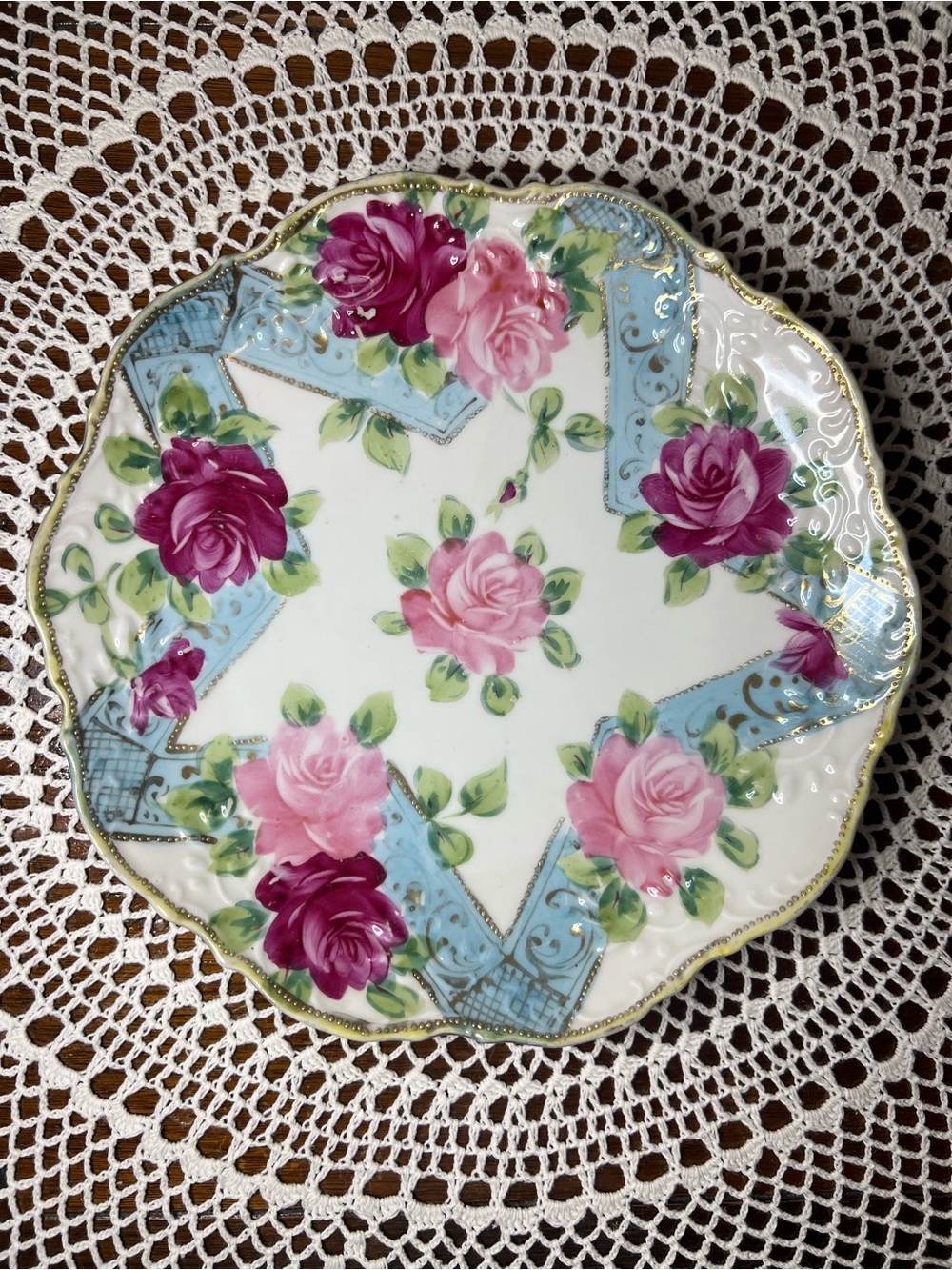 Vintage Floral Porcelain Plate 8.5” Pink Roses Blue Gold Scalloped